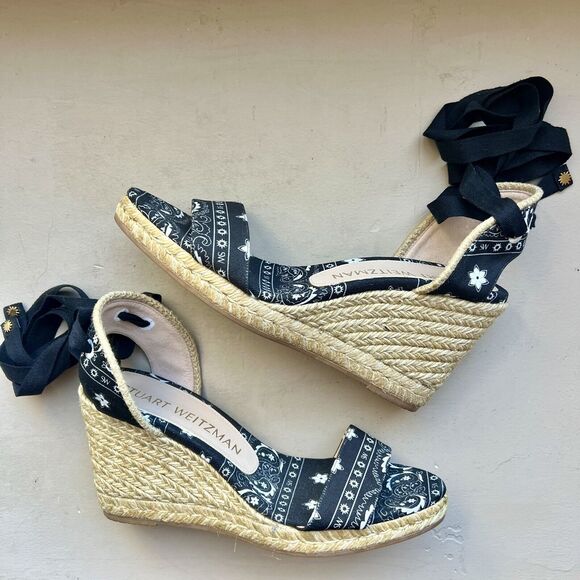 Stuart Weitzman Illeana Black Paisley Bandana Print Espadrille Sandal Women 8.5 - Picture 1 of 16